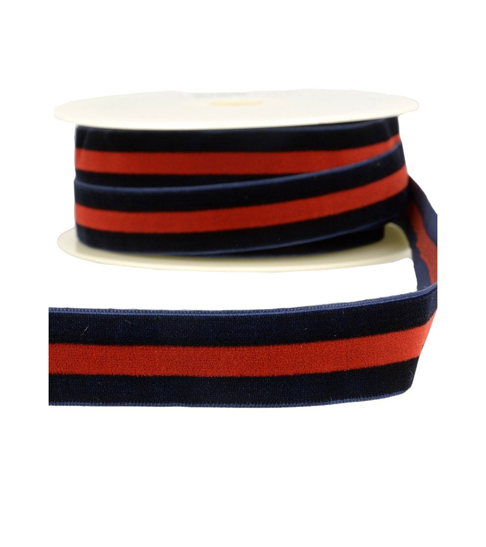 Bobine 15m Velours stripes polyester Bleu marine et rouge