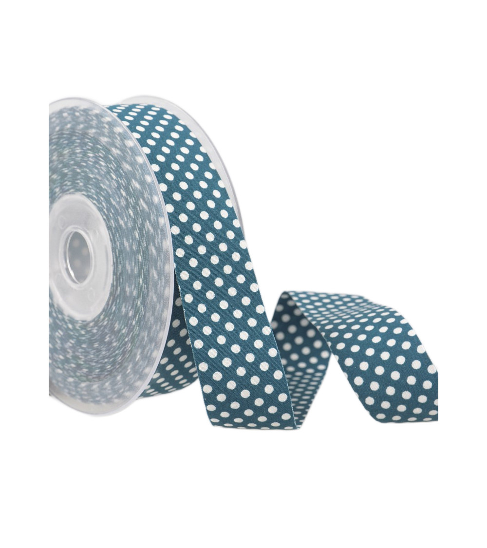 15m reel of duck blue and white polyester polka dot ribbon