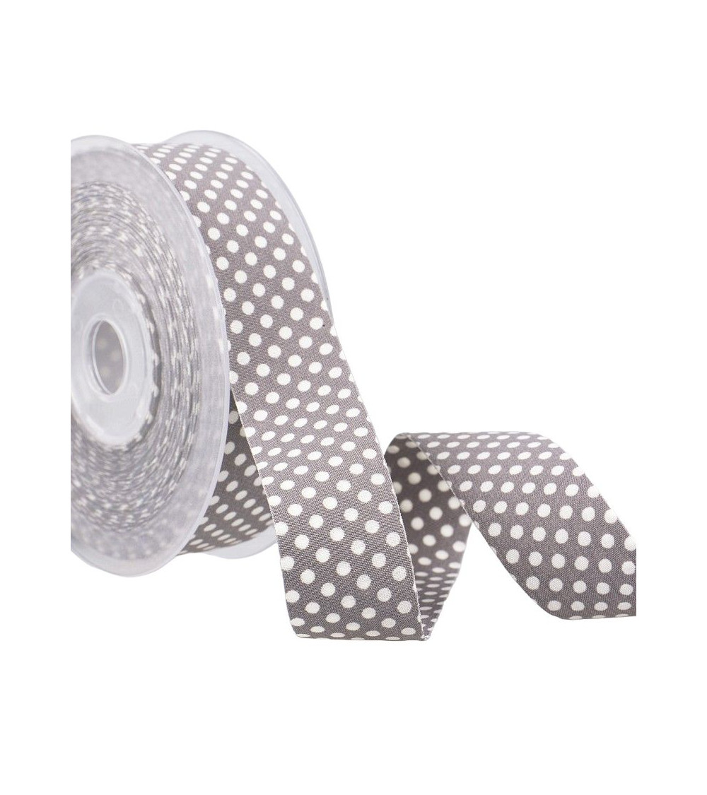 15m spool of grey and white polyester polka dot ribbon