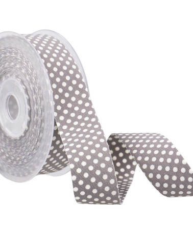 15m spool of grey and white polyester polka dot ribbon