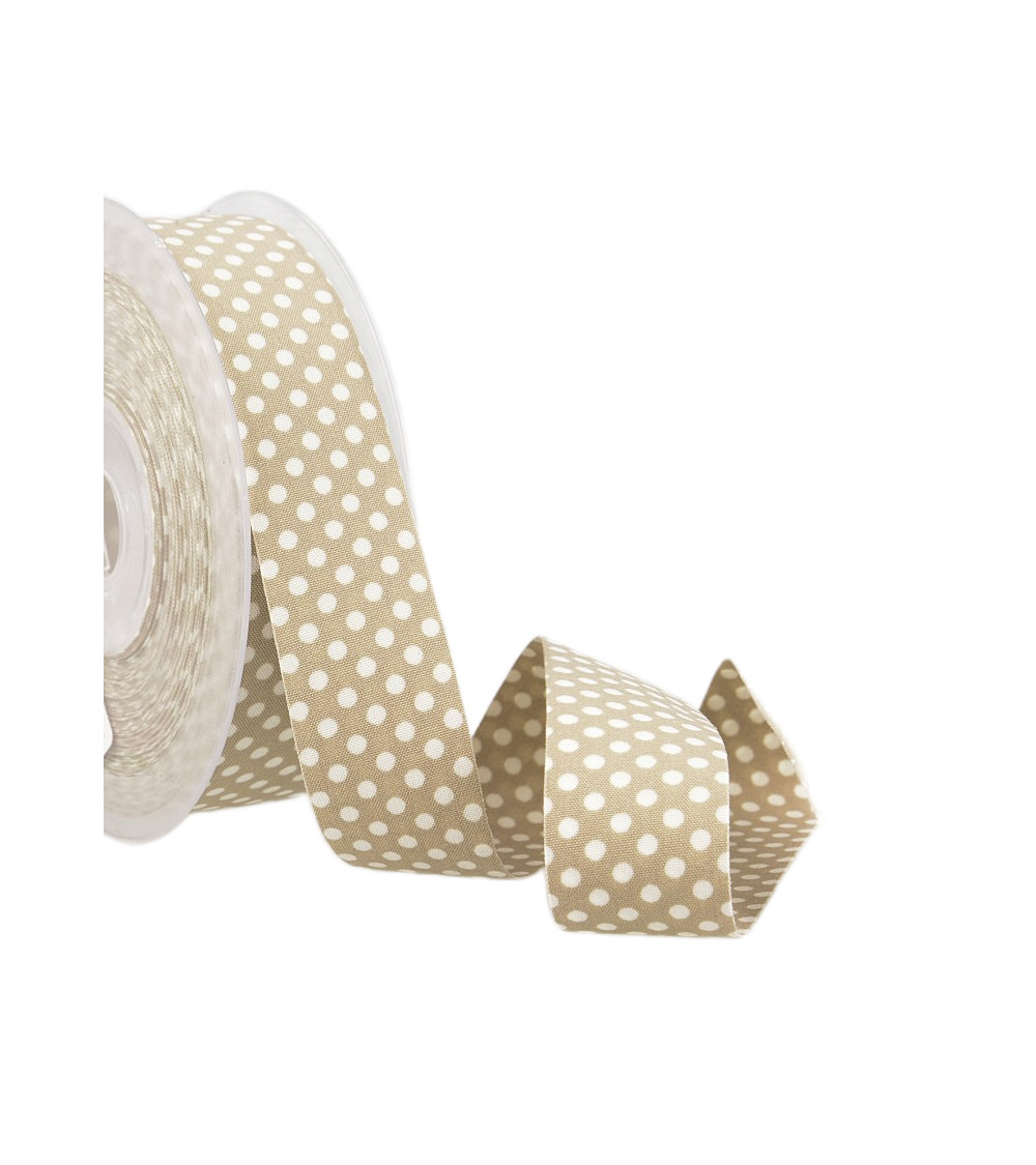 15m spool of beige and white polyester polka dot ribbon
