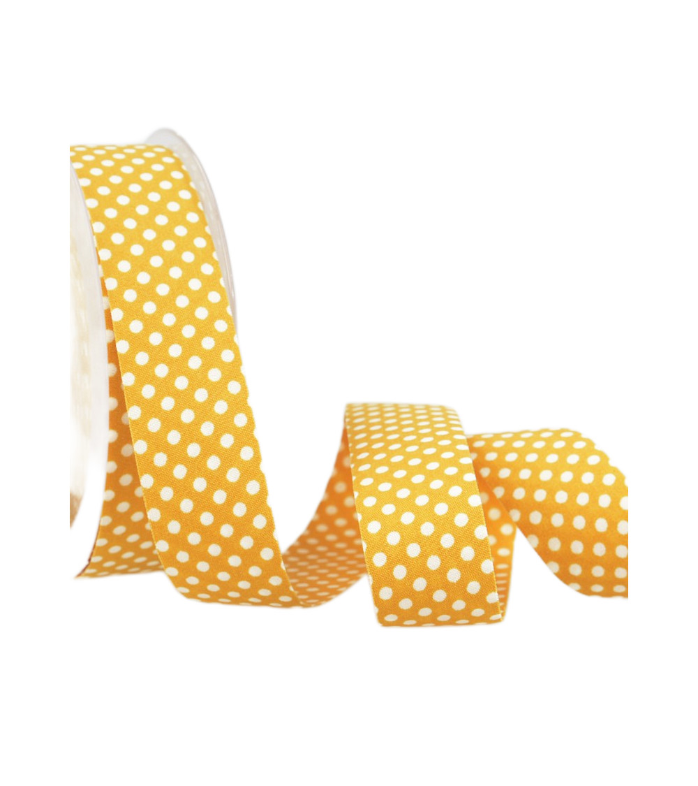15m spool of yellow and white polyester polka dot ribbon