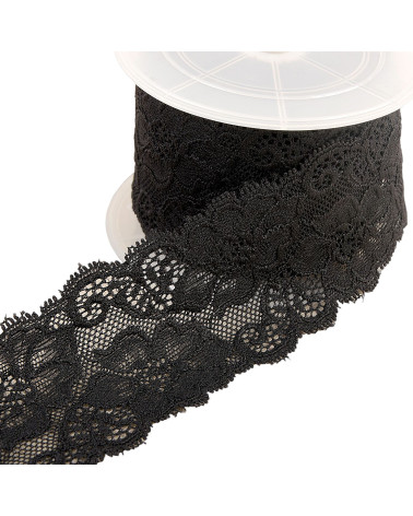 Bobine 15m dentelle élastique fleurs Noir 60mm