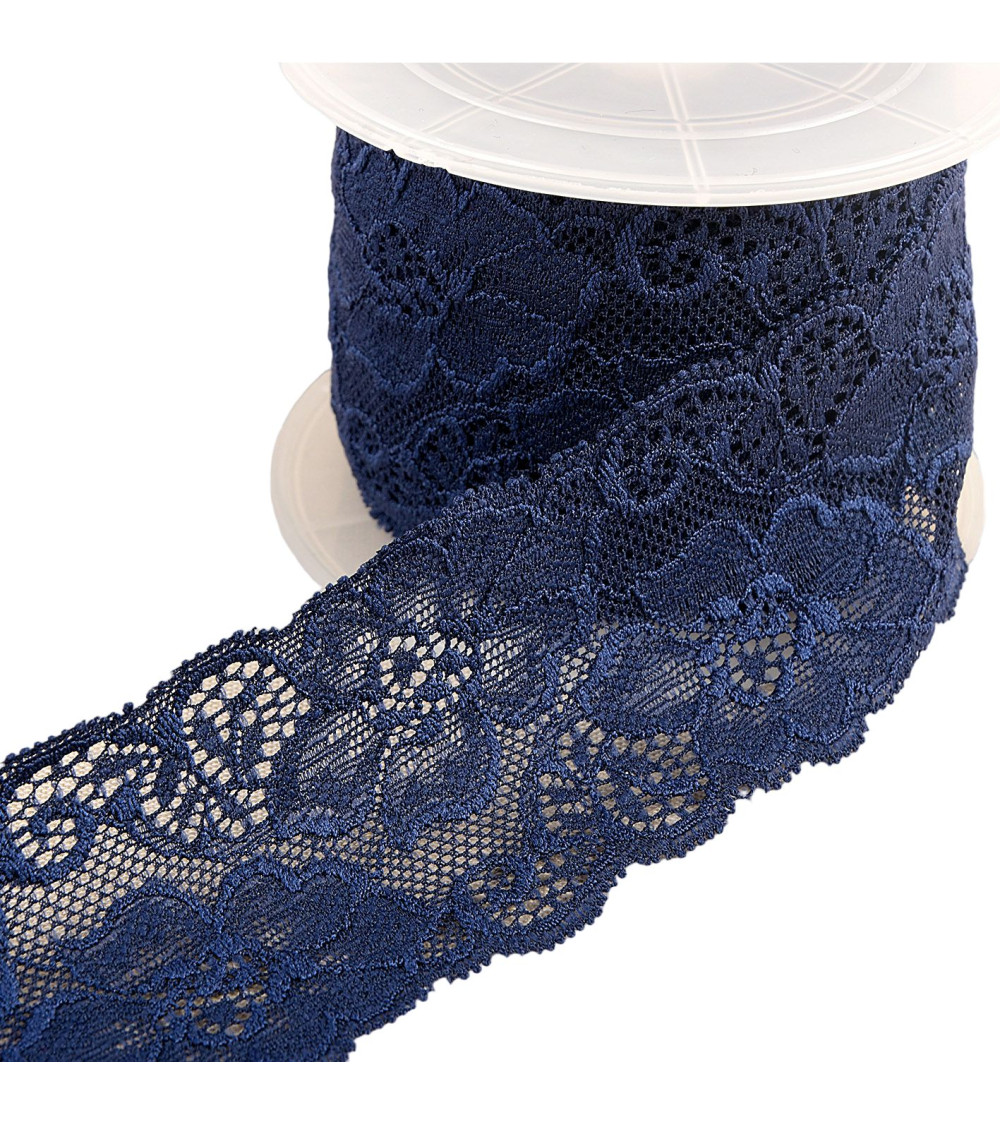 Spool 15m elastic lace flowers Navy Blue 60mm