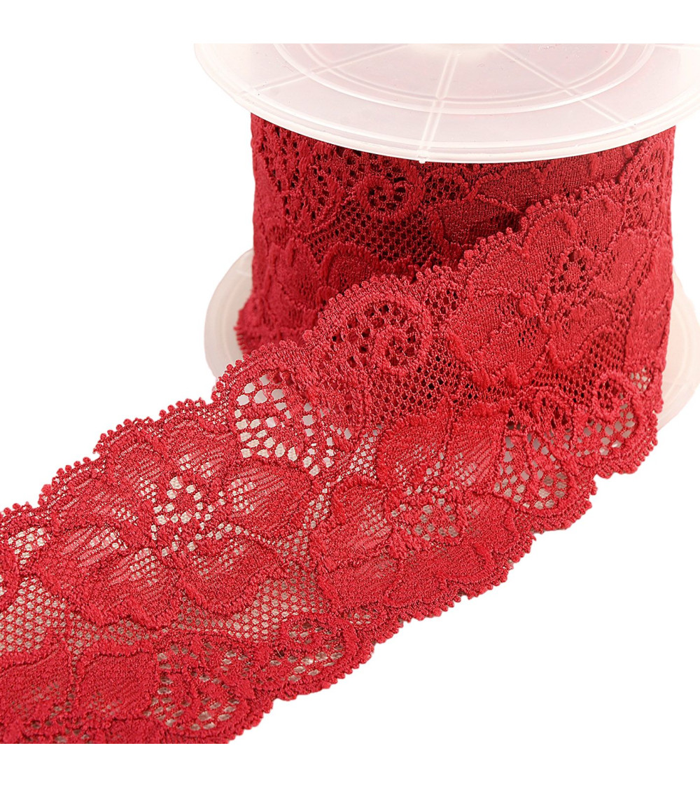 Spool of 15m elastic lace flowers Bordeaux 60mm