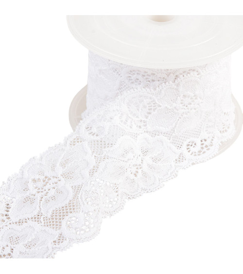 Dentelle élastique fleurs 60mm blanc au mètre