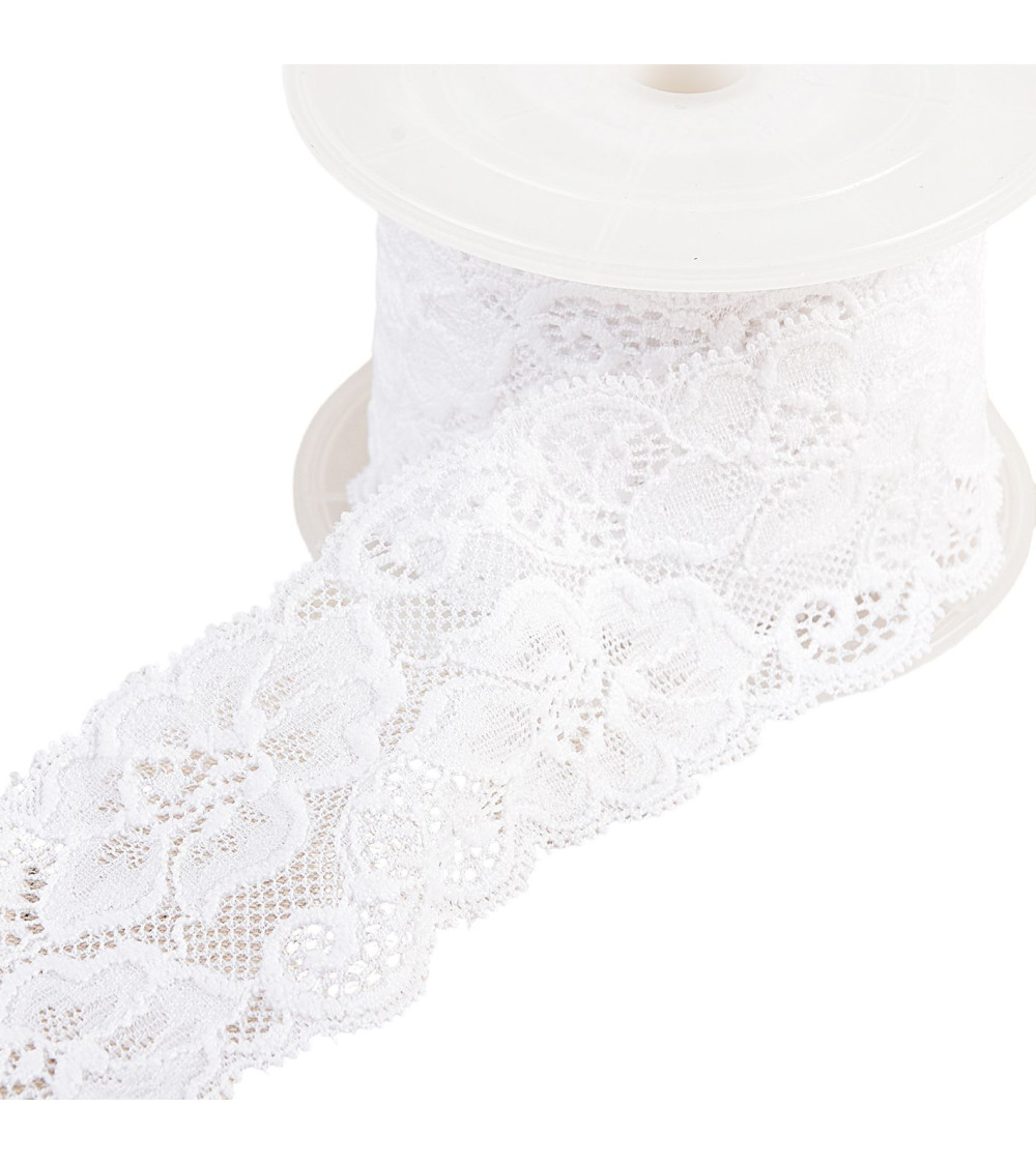 Dentelle élastique fleurs 60mm blanc au mètre