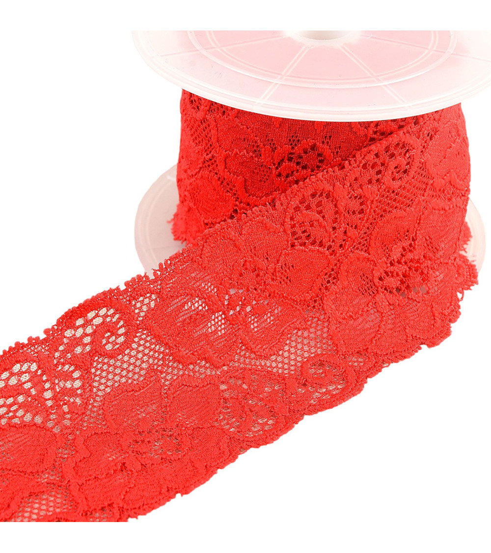 Dentelle élastique fleurs 60mm rouge au mètre