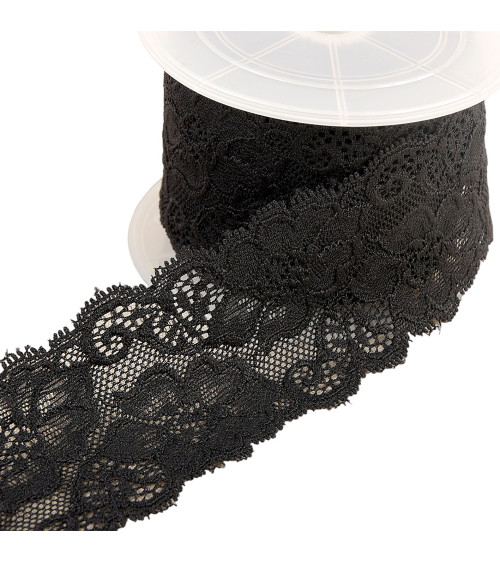 Dentelle élastique fleurs 60mm noir au mètre