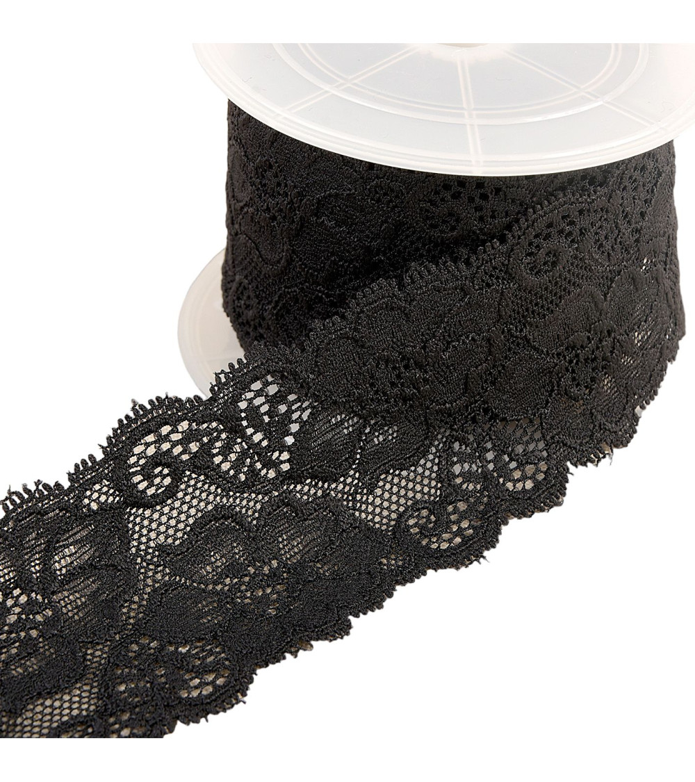 Dentelle élastique fleurs 60mm noir au mètre