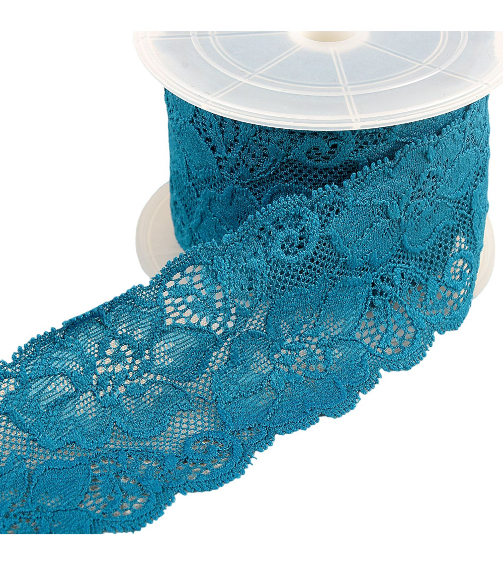 Elastic lace flowers 60mm duck blue per meter