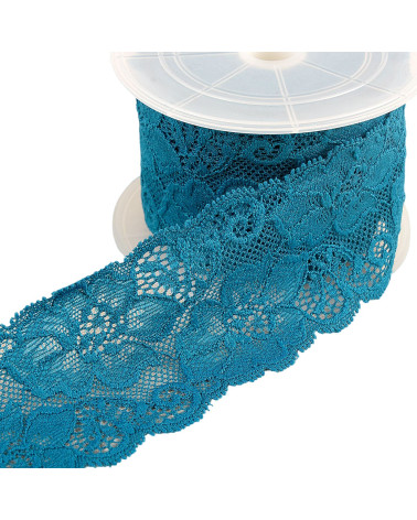 Elastic lace flowers 60mm duck blue per meter