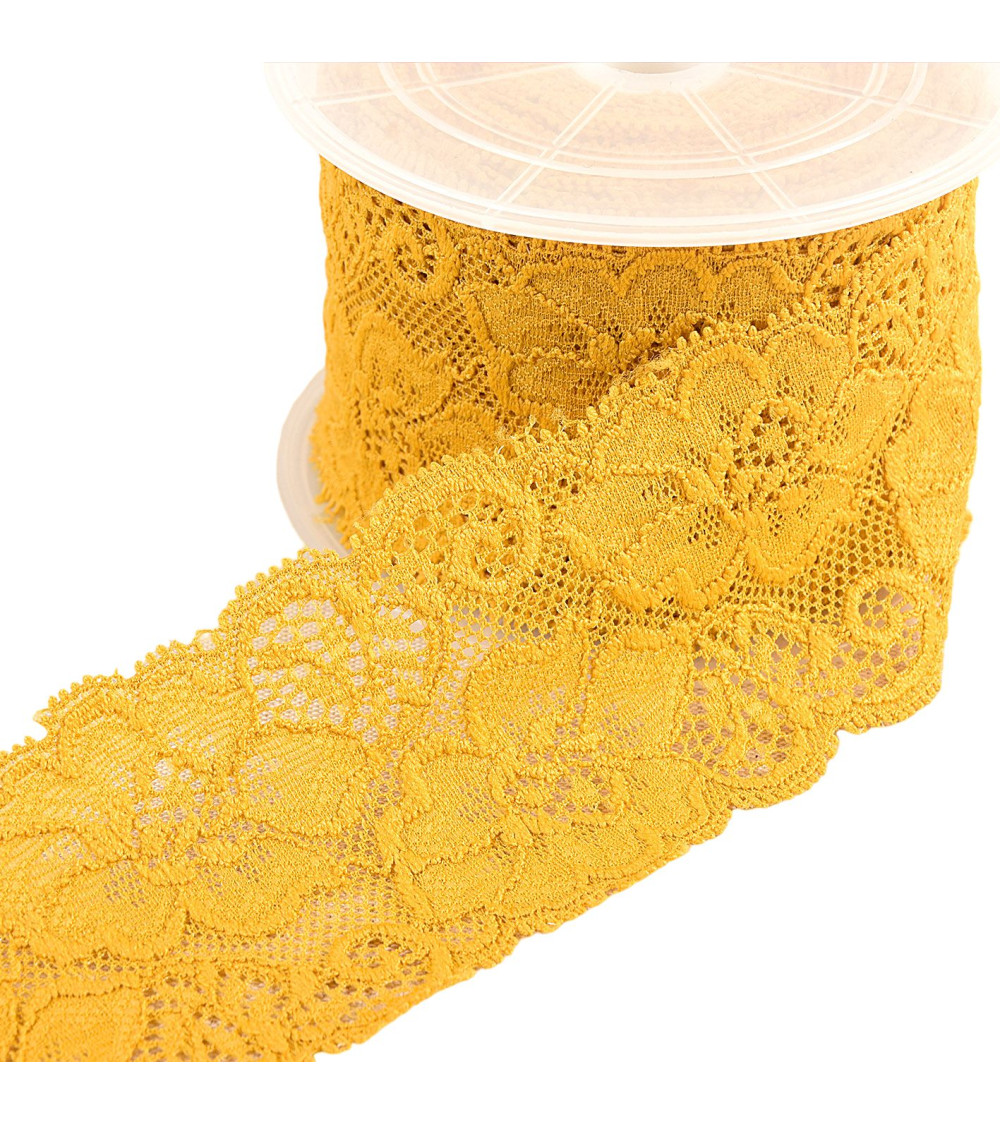 Elastic lace flowers 60mm mustard per meter