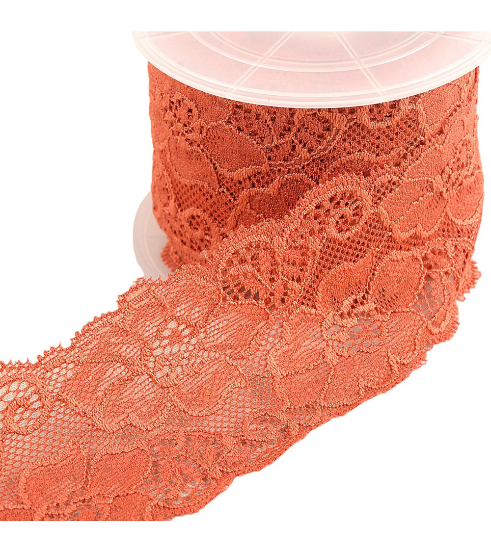 Elastic lace flowers 60mm rust per meter