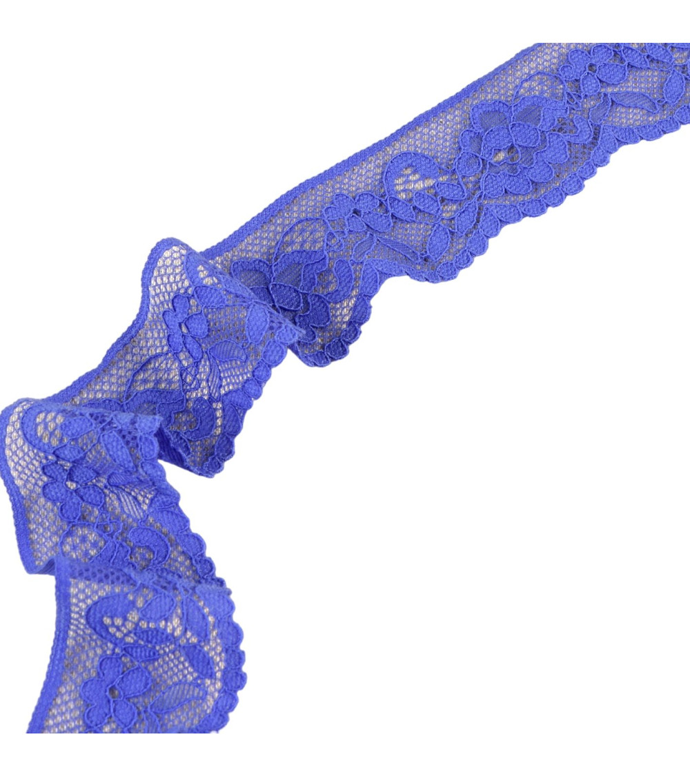 Elastic lace flowers 33mm blue purple per meter