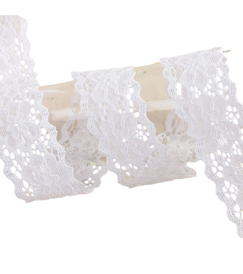 Bobine 15m dentelle élastique fleurs Blanc 25mm