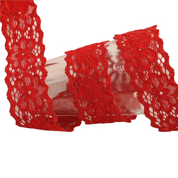 Bobine 15m dentelle élastique fleurs Rouge 25mm
