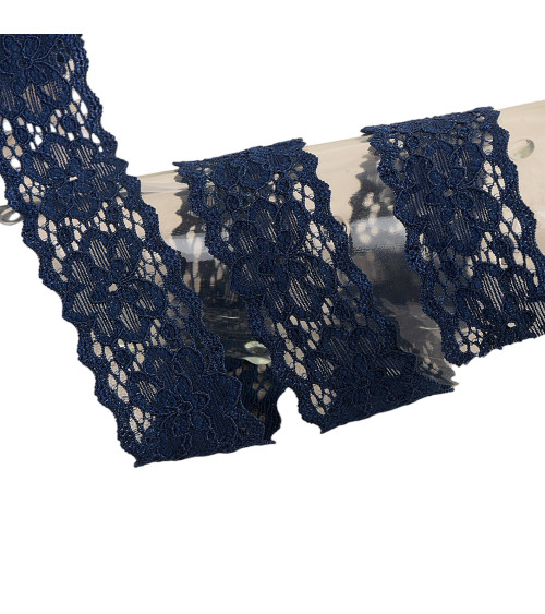 Spool 15m elastic lace flowers Navy Blue 25mm