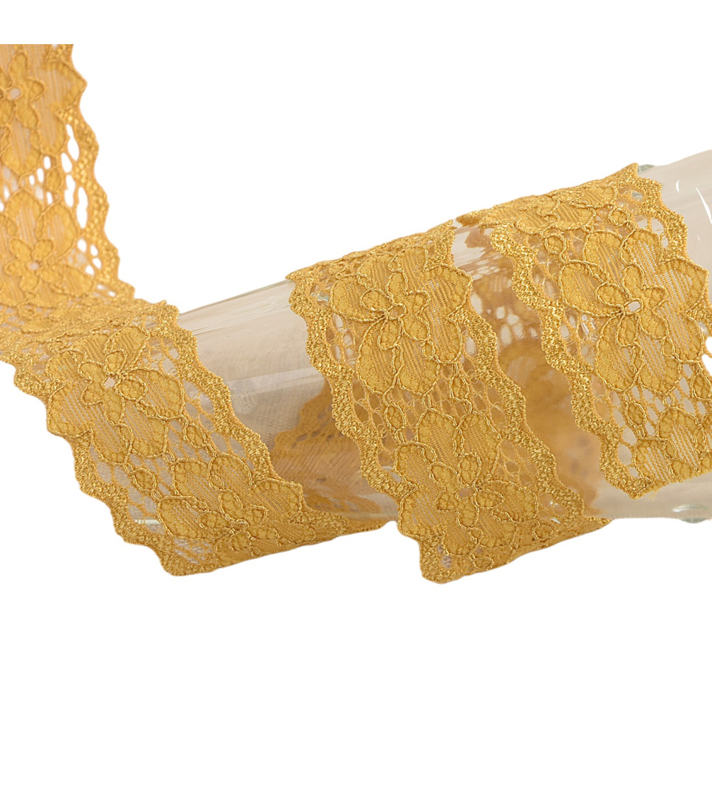 Spool 15m elastic lace flowers Mustard 25mm
