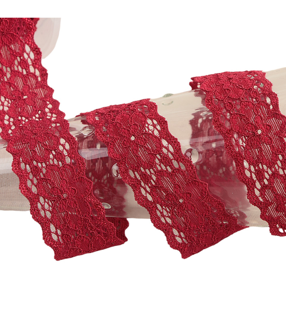 Spool 15m elastic lace flowers Bordeaux 25mm
