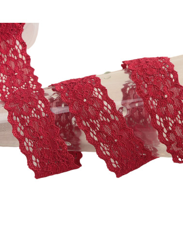 Spool of 15m elastic lace flowers Bordeaux 25mm