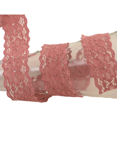 Bobine 15m dentelle élastique fleurs Vieux Rose 25mm