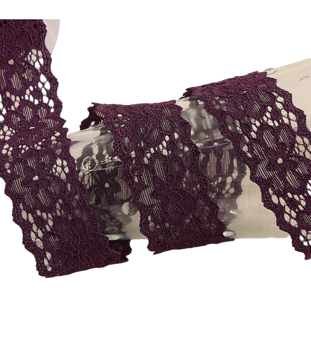 Bobina da 15mt pizzo elastico fiori Viola da 25mm