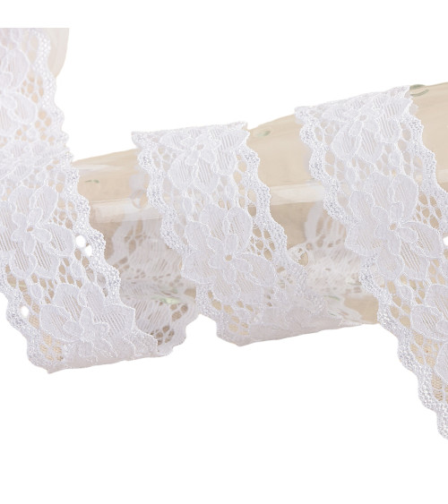 Dentelle élastique fleurs 25mm blanc au mètre