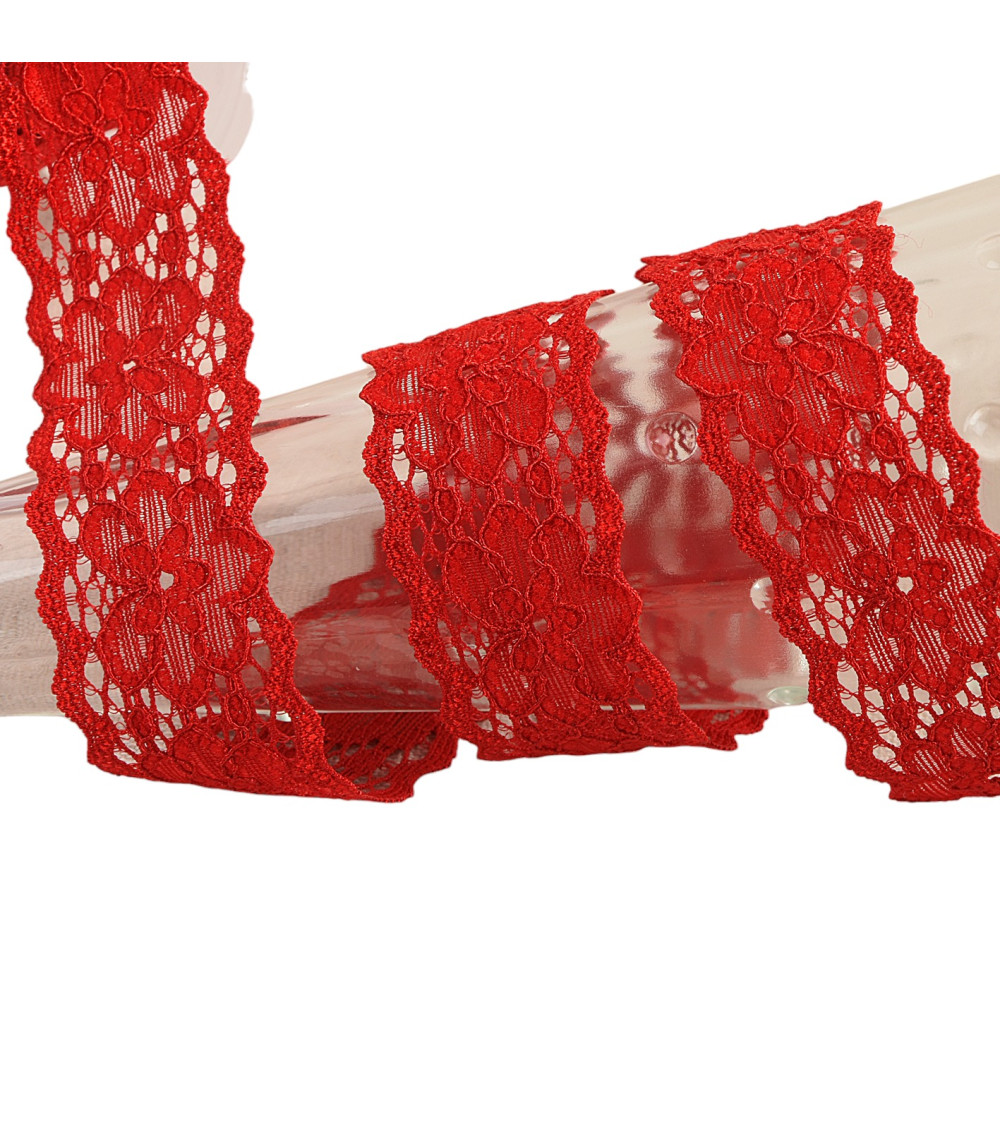 Dentelle élastique fleurs 25mm rouge au mètre