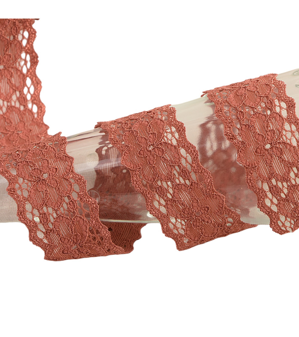 Elastic lace flowers 25mm rust per meter