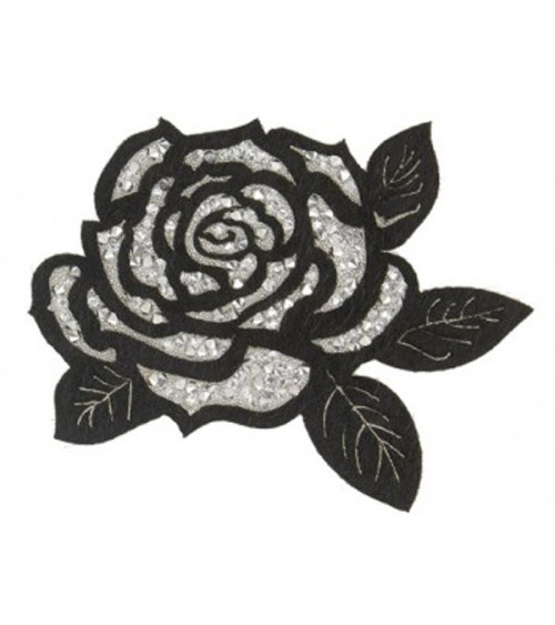 Iron-on patch with rhinestones Rose black and silver XL