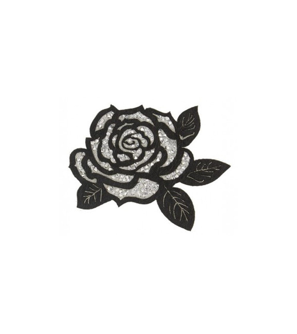 Iron-on patch with rhinestones Rose black and silver XL