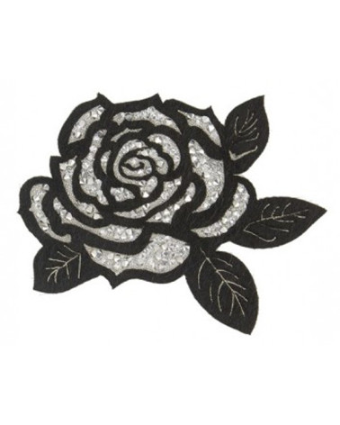 Iron-on patch with rhinestones Rose black and silver XL