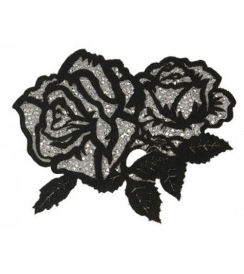 Iron-on patch with rhinestones Rose double black and silver XL