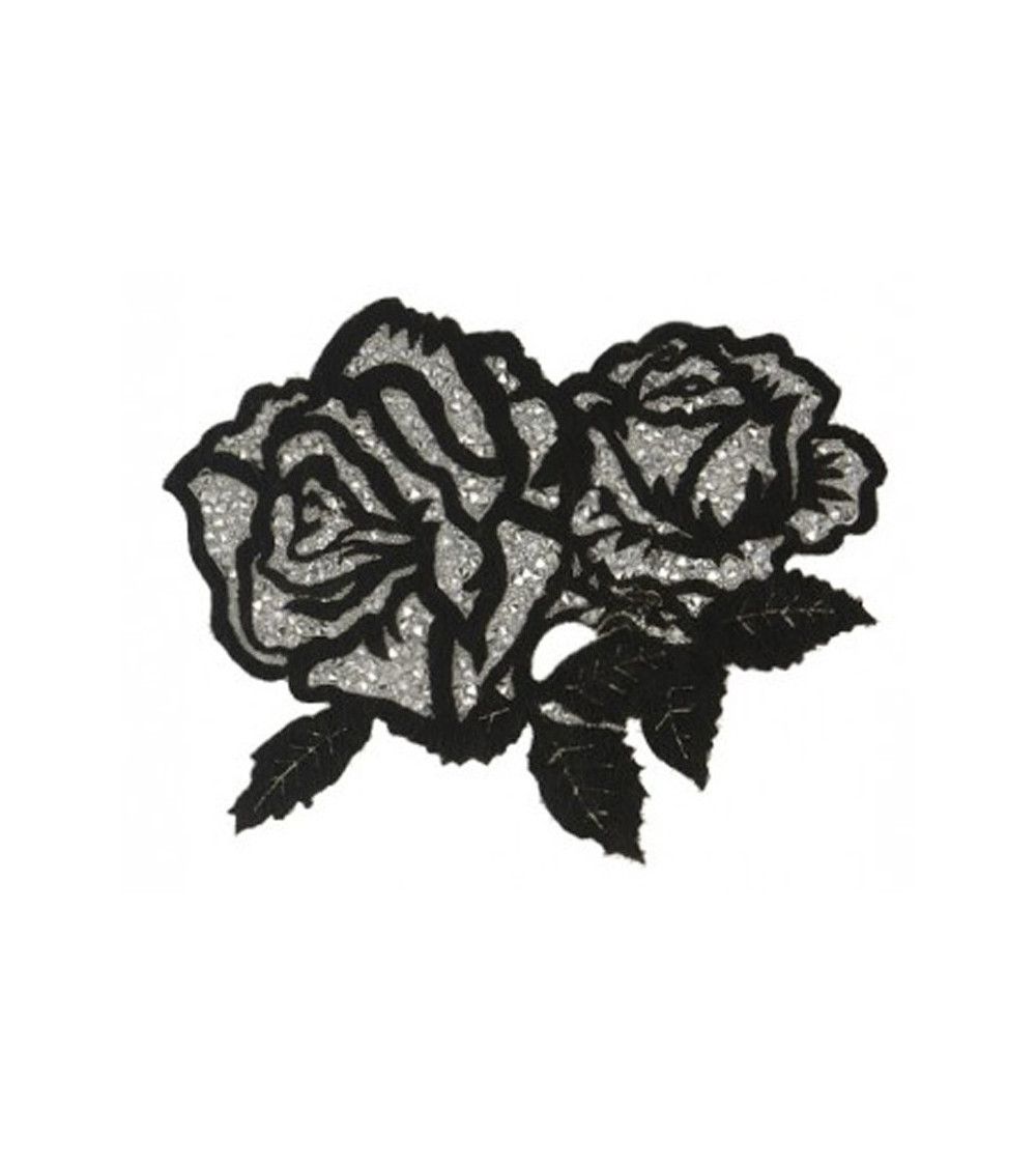 Aufbügelpflaster mit Strasssteinen Rose Double Schwarz und Silber XL