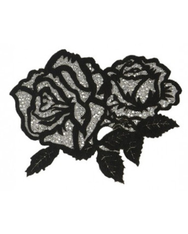 Aufbügelpflaster mit Strasssteinen Rose Double Schwarz und Silber XL