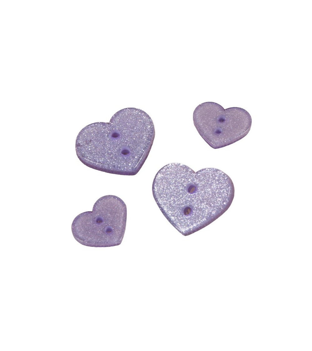 Set of 6 purple/lavender glitter heart buttons
