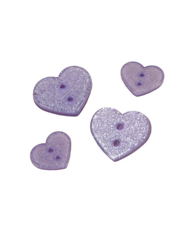 Set of 6 purple/lavender glitter heart buttons