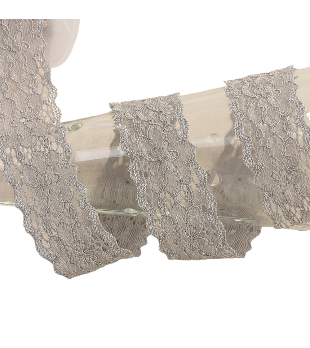 Spool 15m elastic lace flowers Medium Gray 25mm