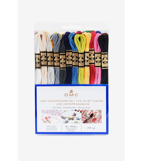 Assortment of 24 skeins of DMC mouliné threads, the essential 100% cotton