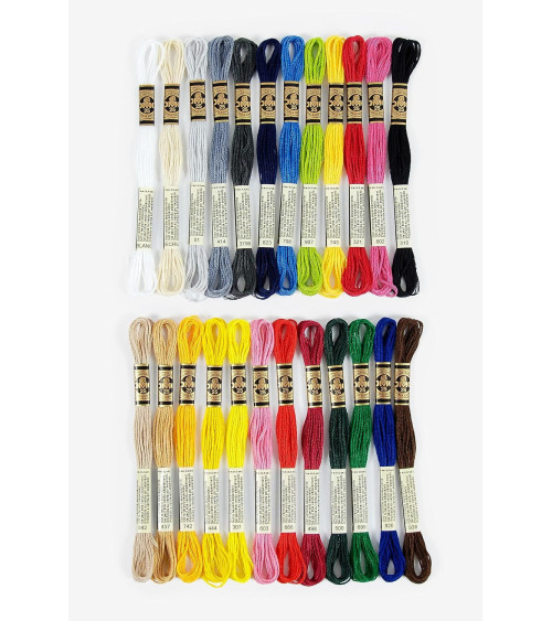 Assortment of 24 skeins of DMC mouliné threads, the essential 100% cotton