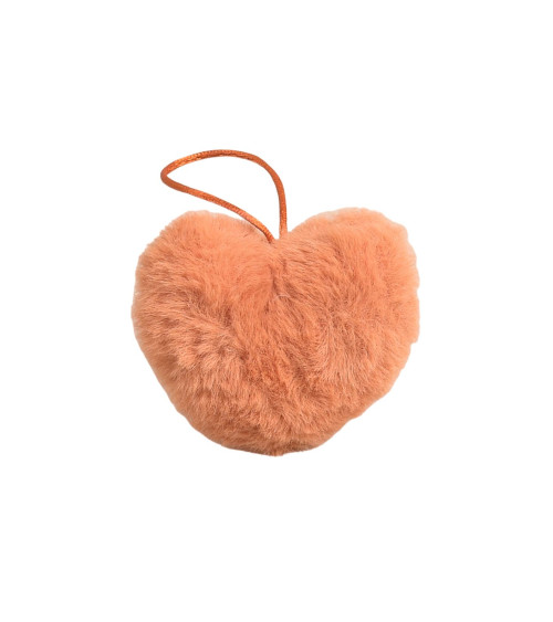 Pompon fourrure artificielle cœur 45x 65mm orange fluo