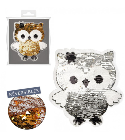Reversible silver/gold sequin owl iron-on patch