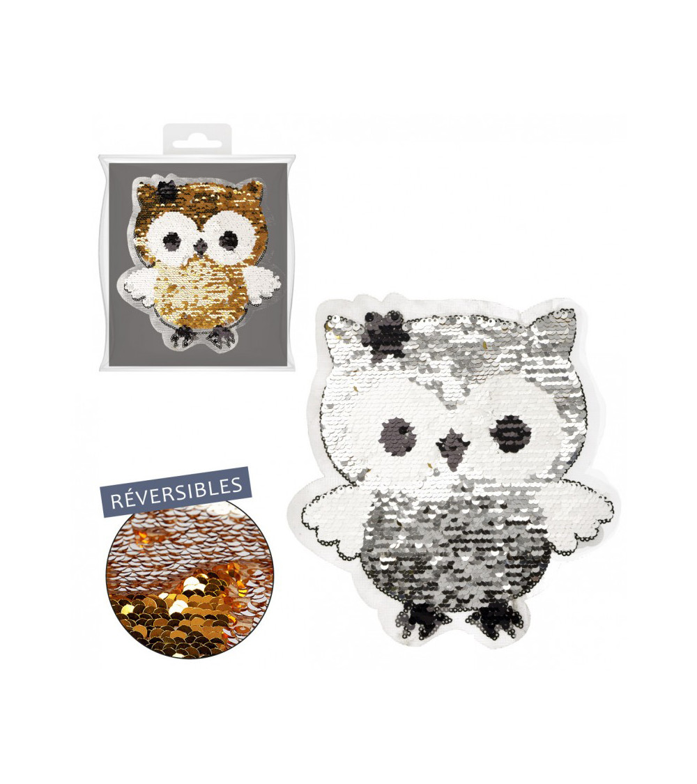 Reversible silver/gold sequin owl iron-on patch