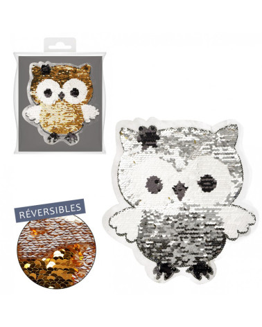 Ecusson thermocollant réversible sequin chouette argent / doré