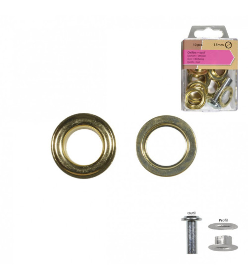 Set of 10 gold colored eyelets 15mm and tool