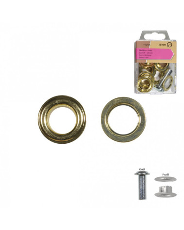 Set of 10 gold colored eyelets 15mm and tool