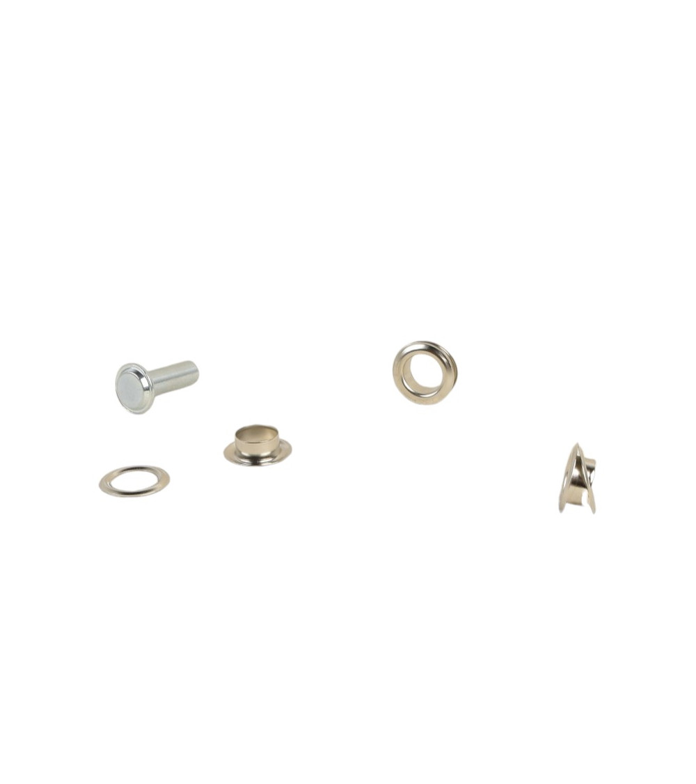 Lot de 10 oeillets 15mm couleur argent et outil Lot de 10 oeillets 15mm couleur argent et outil