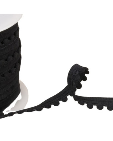 Bobina di elastico da 25 m con pompon neri da 13 mm