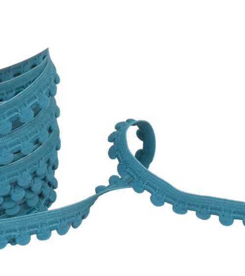 25m spool of elastic with duck blue pompoms 13mm